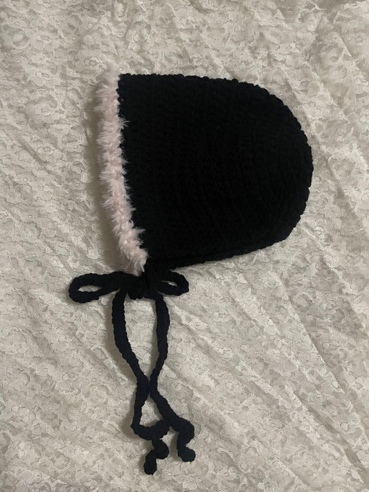 black and pink fuzzy bonnet